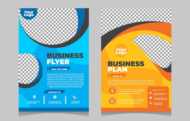 un folleto azul y naranja para el negocio corporativo y el logotipo para el sitio web de la empresa