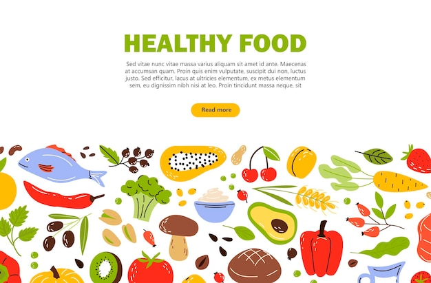 Vector folleto de baner con productos alimentos saludables frutas, verduras y nueces ilustración de vector plano de dibujos animados aislado sobre fondo blanco