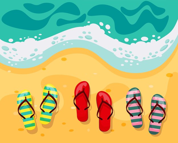 Folleto de banner de viaje de verano con chanclas de olas de playa de arenaVista superior del mar y la playa