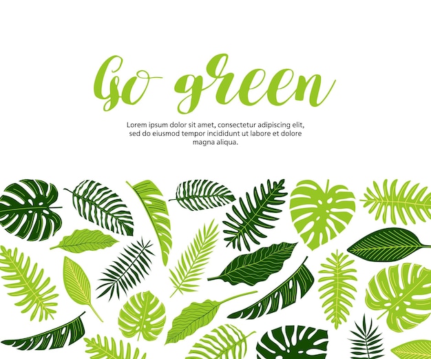 Folleto de banner web con hojas de monstera tropical, helecho, palma, plátano, diseño verde.