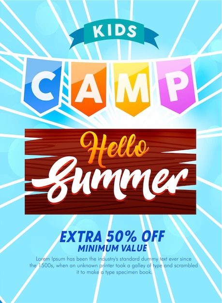 Vector folleto para el cartel del campamento de verano para niños en ilustración vectorial de estilo plano