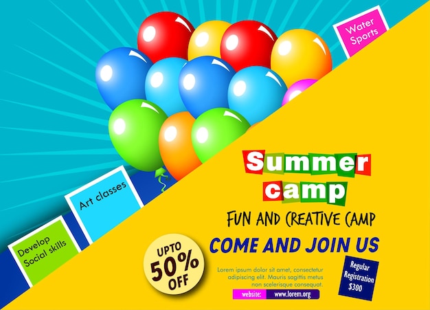 Folleto para el cartel del campamento de verano para niños en ilustración vectorial de estilo plano