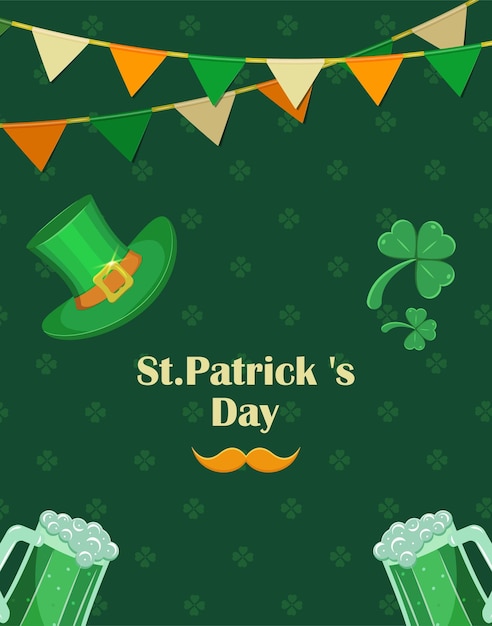 Folleto del cartel del día de san patricio en verde con sombrero de shamrockpatrick lipricon y nación irlandesa de bigote rojo