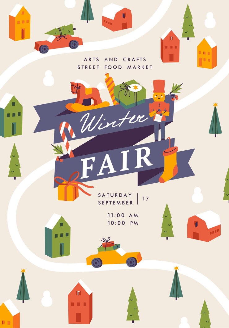 Folleto de cartel de feria de invierno de vector o pancarta o plantilla de pancarta Recreación de temporada de vacaciones de Navidad y evento público
