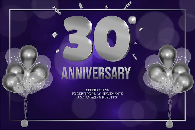 Vector folleto de celebración de aniversario números plateados fondo oscuro con globos 30