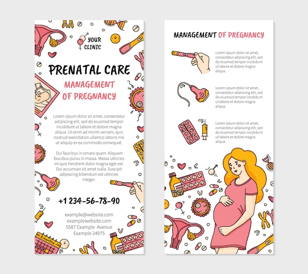 Folleto de clínica de atención prenatal y de embarazo en estilo doodle