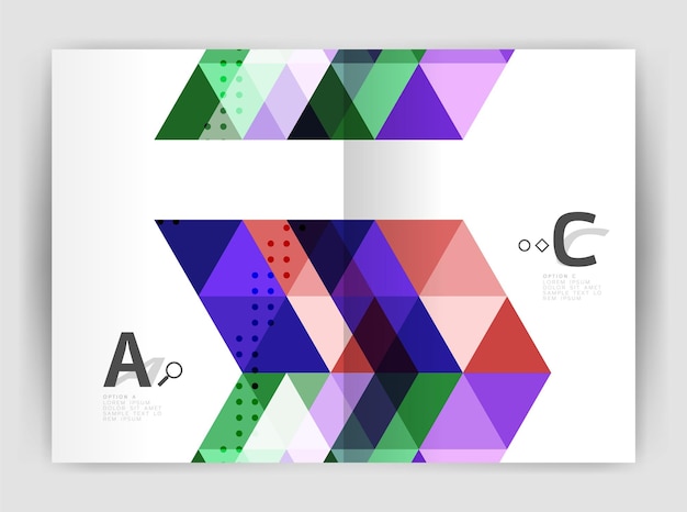 Folleto comercial moderno o plantilla de portada de folleto A4 Fondo abstracto con triángulos de color Fondo de impresión de informe anual Diseño vectorial para opciones de número de diagrama de diseño de flujo de trabajo o diseño web