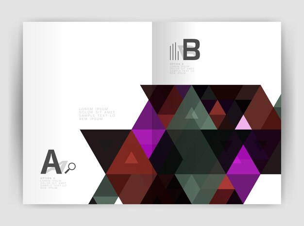 Folleto comercial moderno o plantilla de portada de folleto A4 Fondo abstracto con triángulos de color Fondo de impresión de informe anual Diseño vectorial para opciones de número de diagrama de diseño de flujo de trabajo o diseño web