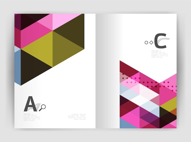 Folleto comercial moderno o plantilla de portada de folleto A4 Fondo abstracto con triángulos de color Fondo de impresión de informe anual Diseño vectorial para opciones de número de diagrama de diseño de flujo de trabajo o diseño web