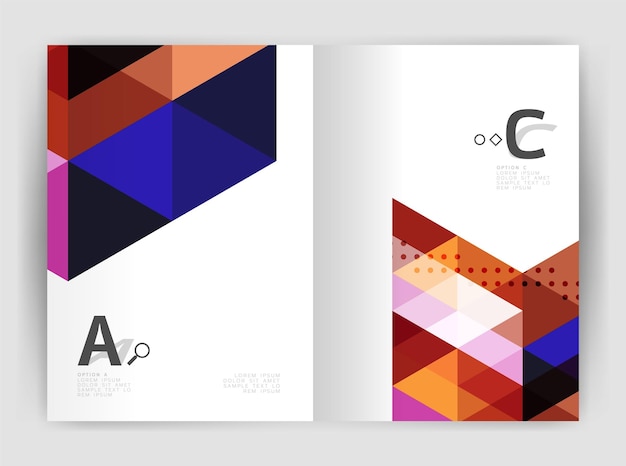 Folleto comercial moderno o plantilla de portada de folleto A4 Fondo abstracto con triángulos de color Fondo de impresión de informe anual Diseño vectorial para opciones de número de diagrama de diseño de flujo de trabajo o diseño web