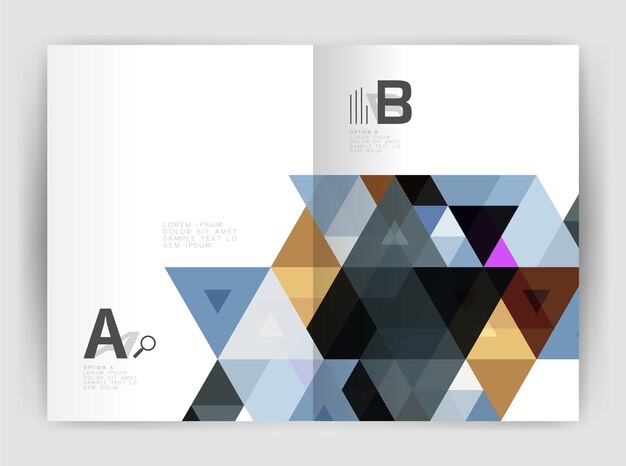 Folleto comercial moderno o plantilla de portada de folleto A4 Fondo abstracto con triángulos de color Fondo de impresión de informe anual Diseño vectorial para opciones de número de diagrama de diseño de flujo de trabajo o diseño web