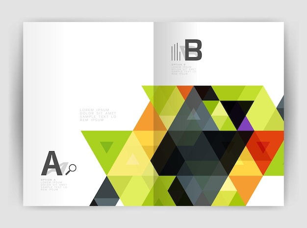 Folleto comercial moderno o plantilla de portada de folleto A4 Fondo abstracto con triángulos de color Fondo de impresión de informe anual Diseño vectorial para opciones de número de diagrama de diseño de flujo de trabajo o diseño web