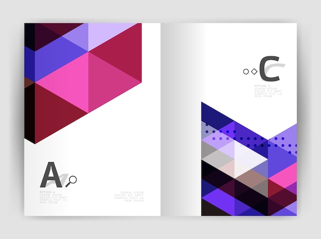 Folleto comercial moderno o plantilla de portada de folleto A4 Fondo abstracto con triángulos de color Fondo de impresión de informe anual Diseño vectorial para opciones de número de diagrama de diseño de flujo de trabajo o diseño web