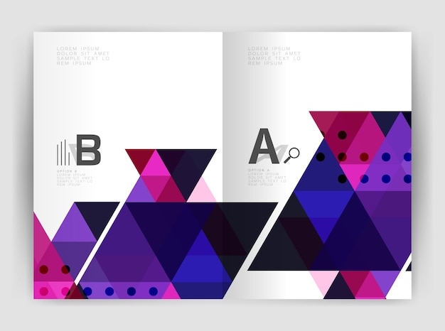 Folleto comercial moderno o plantilla de portada de folleto A4 Fondo abstracto con triángulos de color Fondo de impresión de informe anual Diseño vectorial para opciones de número de diagrama de diseño de flujo de trabajo o diseño web