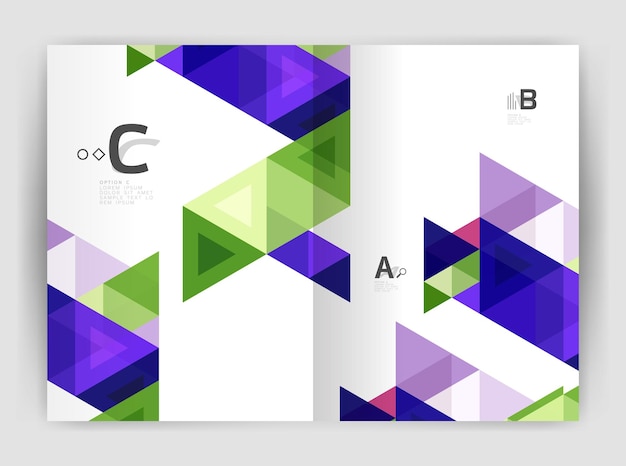 Folleto comercial moderno o plantilla de portada de folleto A4 Fondo abstracto con triángulos de color Fondo de impresión de informe anual Diseño vectorial para opciones de número de diagrama de diseño de flujo de trabajo o diseño web