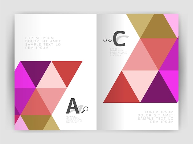 Folleto comercial moderno o plantilla de portada de folleto A4 Fondo abstracto con triángulos de color Fondo de impresión de informe anual Diseño vectorial para opciones de número de diagrama de diseño de flujo de trabajo o diseño web