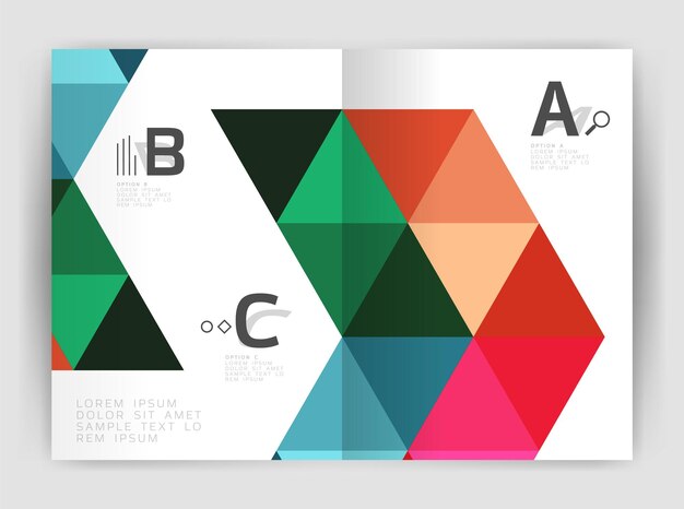 Folleto comercial moderno o plantilla de portada de folleto A4 Fondo abstracto con triángulos de color Fondo de impresión de informe anual Diseño vectorial para opciones de número de diagrama de diseño de flujo de trabajo o diseño web