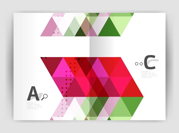 Folleto comercial moderno o plantilla de portada de folleto A4 Fondo abstracto con triángulos de color Fondo de impresión de informe anual Diseño vectorial para opciones de número de diagrama de diseño de flujo de trabajo o diseño web