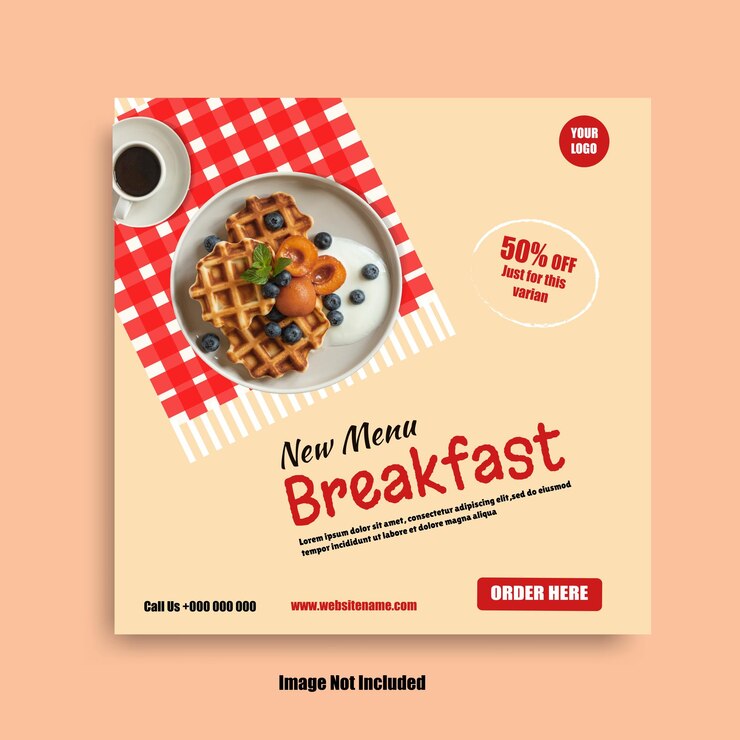 Folleto de comida de desayuno de promoción en línea vectorial o plantilla de redes sociales