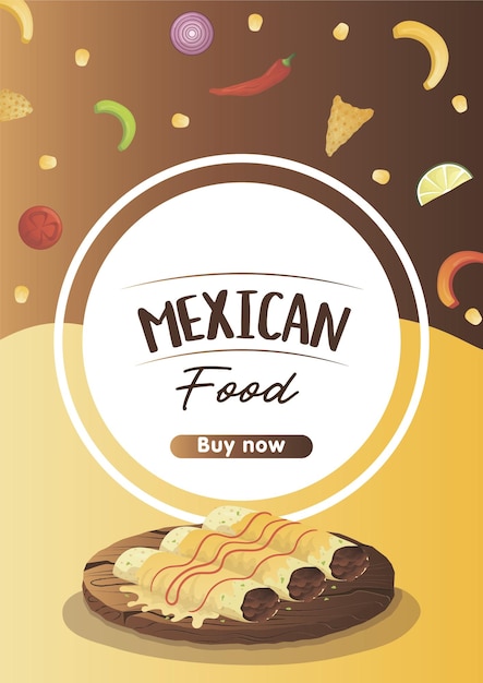 Folleto de comida mexicana a4 con tacos burritos tamales quesadilla empanadas elotes y nachos banner comida saludable menú de cocina concepto de comida