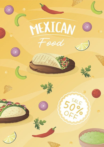 Vector folleto de comida mexicana a4 con tacos burritos tamales quesadilla empanadas elotes y nachos banner comida saludable menú de cocina concepto de comida