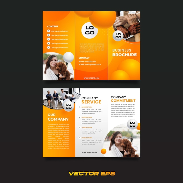 Vector folleto corporativo profesional triplo delantero y trasero vibrante gradiente naranja amarillo compañía