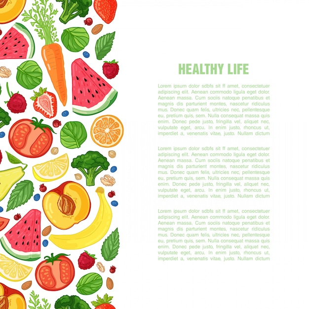 Folleto de diseño de plantilla con la decoración de la fruta Patrón horizontal de alimentos naturales, frutas, verduras y bayas