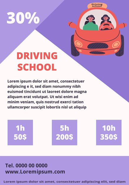 Vector folleto de la escuela de conducción mujer conducir coche rojo con instructor alrededor de un coche diferentes señales de tráfico plano