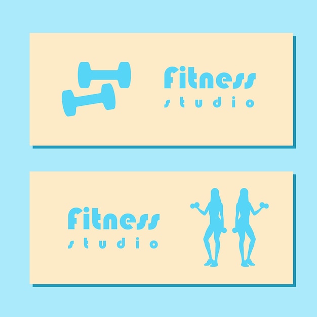 Folleto de la escuela Fitness Studio con silueta de mujeres en ropa deportiva de pie y haciendo ejercicio con pesas sobre fondo azul Ilustración vectorial