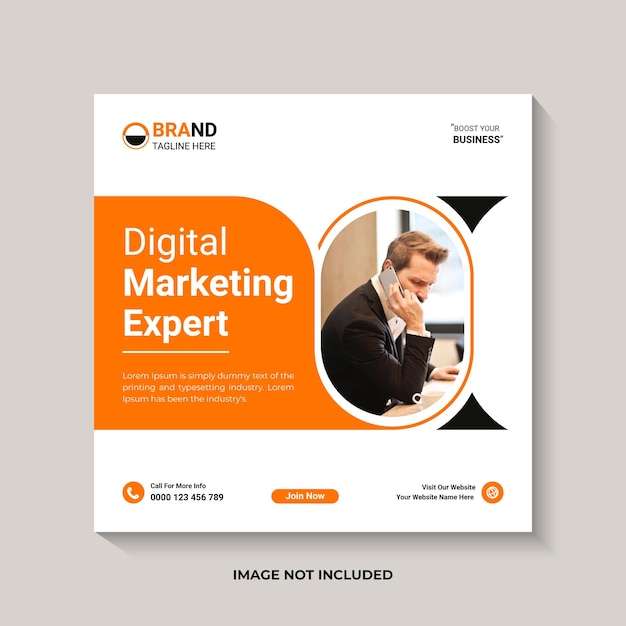 Un folleto para expertos en marketing digital con la imagen de un hombre en la parte inferior.