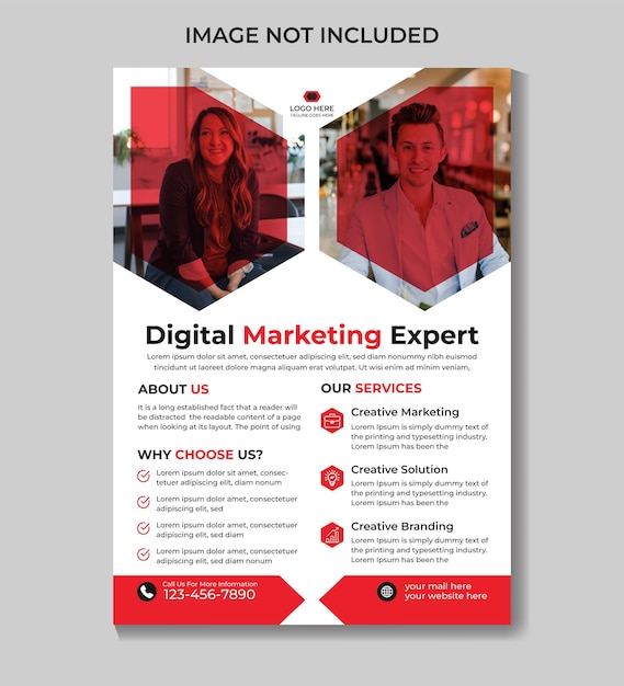 Un folleto para expertos en marketing digital que es rojo y blanco.