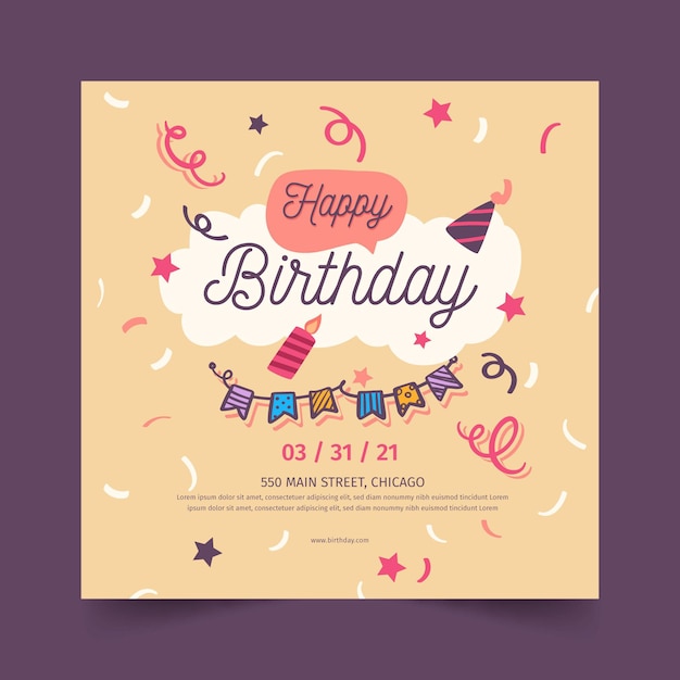 Folleto de feliz cumpleaños cuadrado