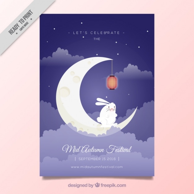 Vector folleto de festival de medio otoño con conejito en la luna