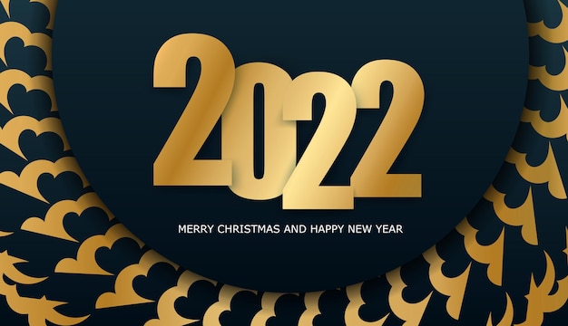 Folleto festivo 2022 Feliz Navidad y próspero año nuevo Color azul oscuro con adorno dorado abstracto