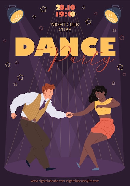 Folleto de fiesta de baile de personajes bailando disco