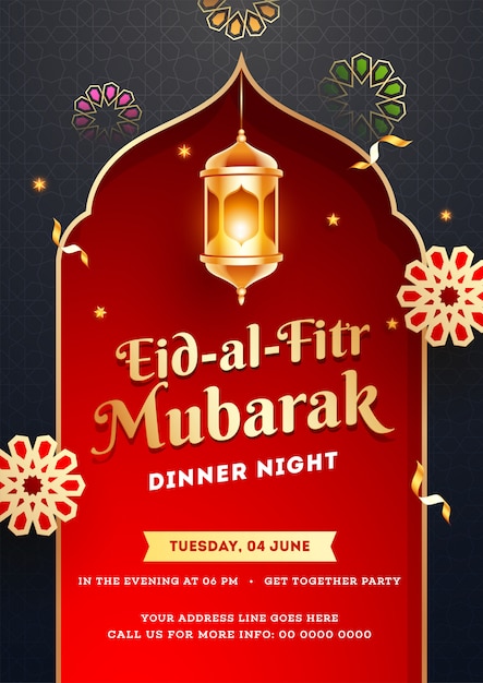 Folleto de la fiesta de la cena de jashn-e-eid o plantilla de póster. eid al-fitr mubarak