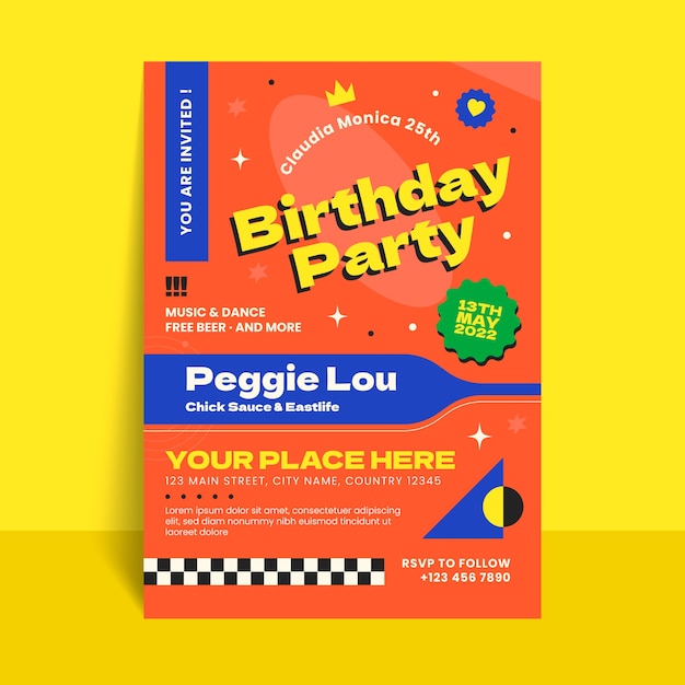 Vector folleto de fiesta de cumpleaños de diseño plano dibujado a mano