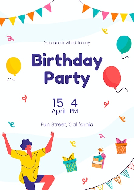 Folleto de fiesta de cumpleaños de diseño plano dibujado a mano