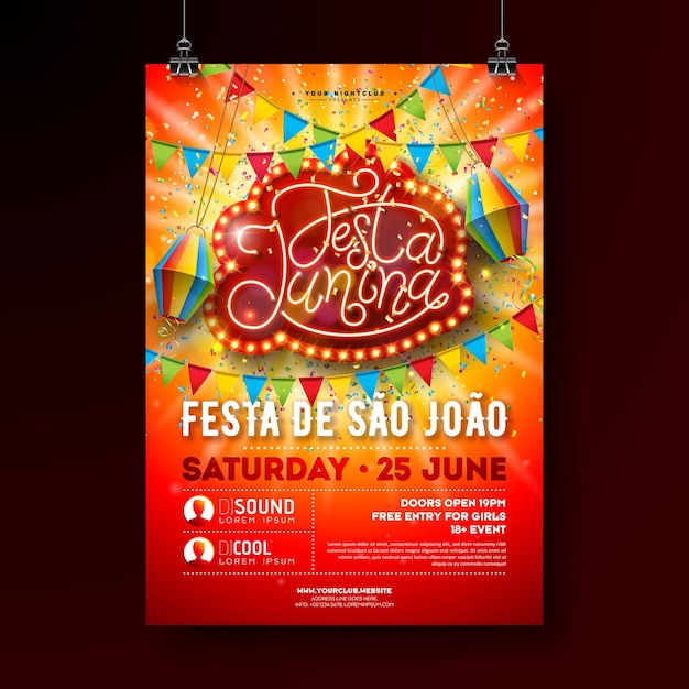 Vector folleto de fiesta festa junina con linterna de papel y cartelera de bombilla retro diseño del festival sao joao