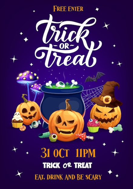 Vector folleto de fiesta de halloween con calabazas aterradoras y caldero de poción de bruja, vector de dibujos animados. cartel de invitación de noche de fiesta de truco o trato de halloween con dulces espeluznantes de hueso, dedo y cupcake fantasma