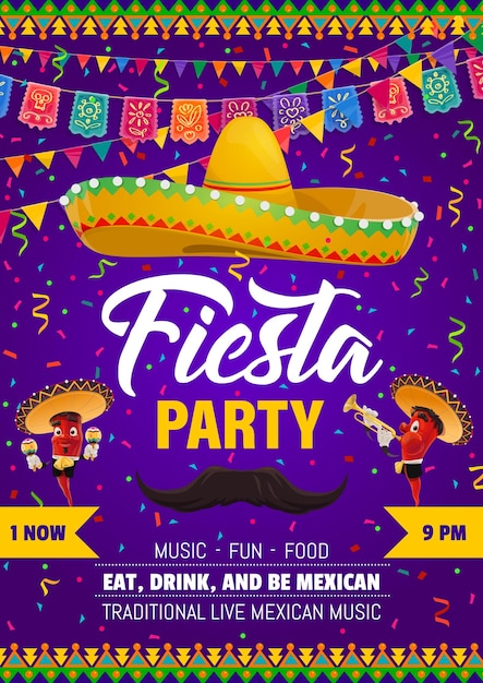 Folleto de fiesta mexicana con bigotes de sombrero y banderas de papel picado fondo vectorial Dia de Los Muertos o pancarta del evento festivo del Día de los Muertos con personajes de mariachi de chiles