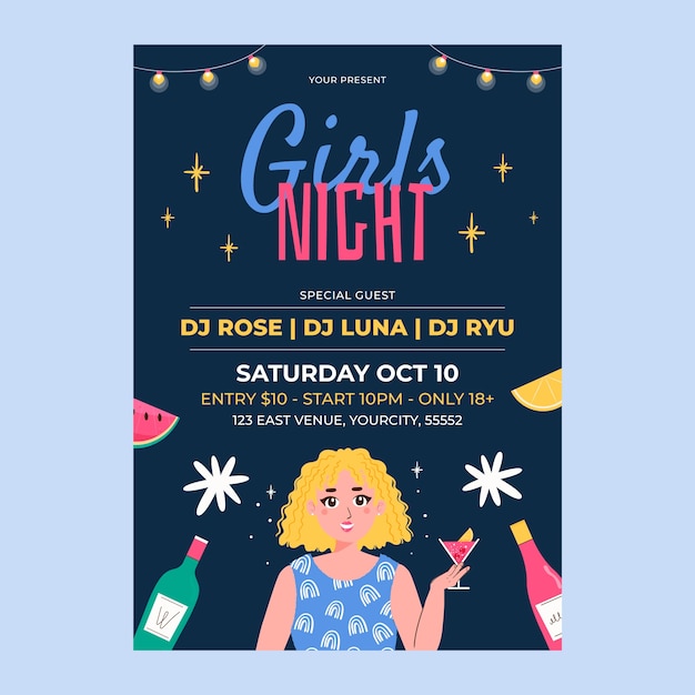 Folleto de fiesta de noche de chicas estilo dibujado a mano