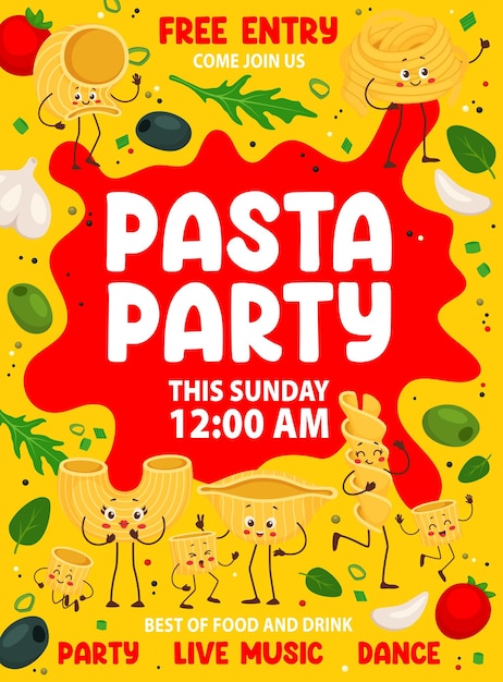 Folleto de fiesta de pasta con personajes de macarrones italianos