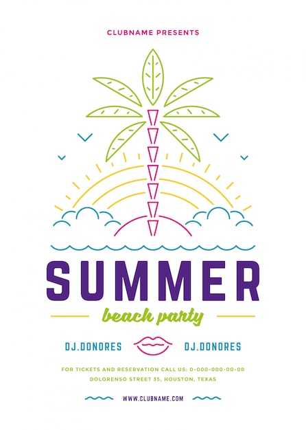 Vector folleto de fiesta de playa de verano o plantilla de cartel diseño de estilo de tipografía de líneas modernas.