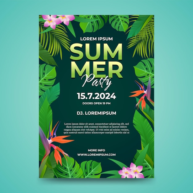 Folleto de fiesta de verano o plantilla de póster con flores y hojas tropicales
