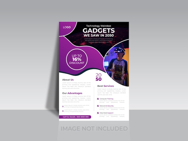 Folleto de gadgets de ciencia y tecnología, póster, plantilla de folleto