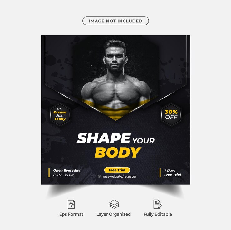 Folleto de gimnasio de fitness, publicación en redes sociales o banner web Premium Vecto
