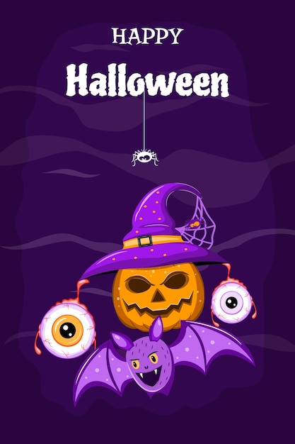 Vector folleto de halloween con una calabaza con un sombrero de bruja con monstruos globo ocular y un vector de murciélago