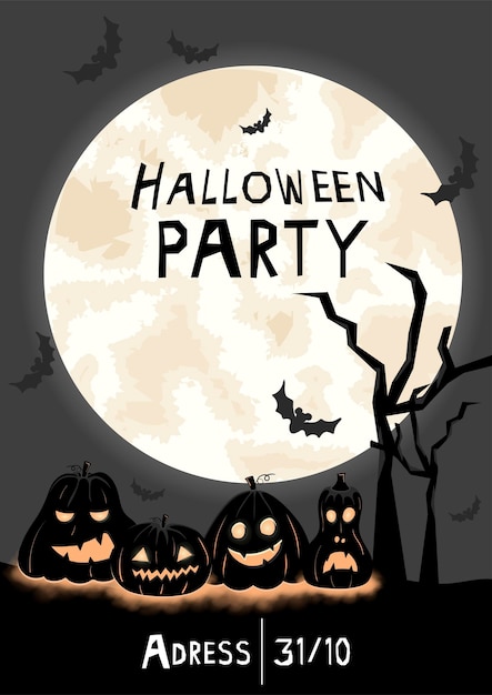 Folleto de invitación a la fiesta de halloween con siluetas de calabaza divertidas y aterradoras y una gran luna brillante