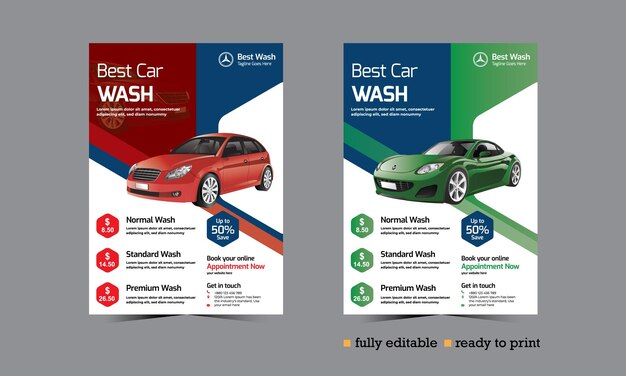 Vector folleto de lavado y servicio de automóviles